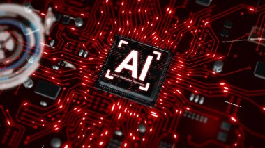 3D AI yapay zeka teknolojisi Cpu Merkezi işlemci birimi chipset için baskılı devre kartı üzerinde render elektronik ve teknoloji kavramı odak alan sığ derinliği seçin
