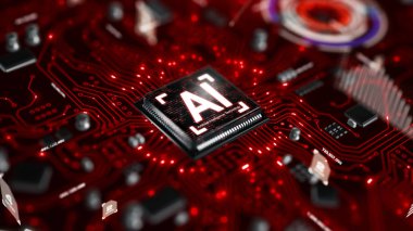 3D AI yapay zeka teknolojisi Cpu Merkezi işlemci birimi chipset için baskılı devre kartı üzerinde render elektronik ve teknoloji kavramı odak alan sığ derinliği seçin