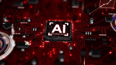 3D AI yapay zeka teknolojisi Cpu Merkezi işlemci birimi chipset için baskılı devre kartı üzerinde render elektronik ve teknoloji kavramı odak alan sığ derinliği seçin
