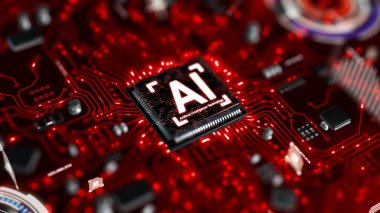 3D AI yapay zeka teknolojisi Cpu Merkezi işlemci birimi chipset için baskılı devre kartı üzerinde render elektronik ve teknoloji kavramı odak alan sığ derinliği seçin