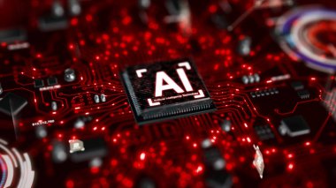 3D AI yapay zeka teknolojisi Cpu Merkezi işlemci birimi chipset için baskılı devre kartı üzerinde render elektronik ve teknoloji kavramı odak alan sığ derinliği seçin