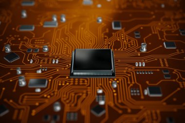 3D Cpu Merkezi işlemci birimi chipset için baskılı devre kartı üzerinde render elektronik ve teknoloji kavramı odak alan sığ derinliği seçin