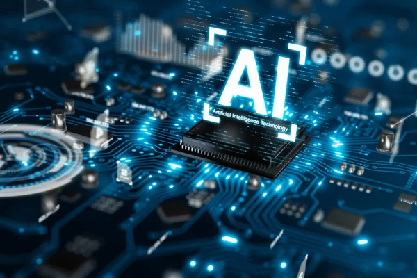 3D AI yapay zeka teknolojisi Cpu Merkezi işlemci birimi chipset için baskılı devre kartı üzerinde render elektronik ve teknoloji kavramı odak alan sığ derinliği seçin