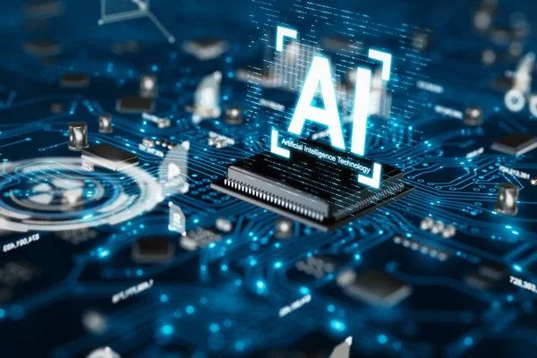 3D AI yapay zeka teknolojisi Cpu Merkezi işlemci birimi chipset için baskılı devre kartı üzerinde render elektronik ve teknoloji kavramı odak alan sığ derinliği seçin