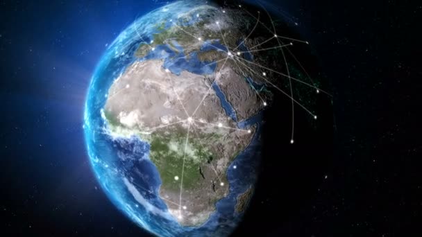 渲染地球与网络线旋转和轨道在宇宙与照明效果和黑暗的五谷处理世界地图图像源从美国宇航局 — 图库视频影像