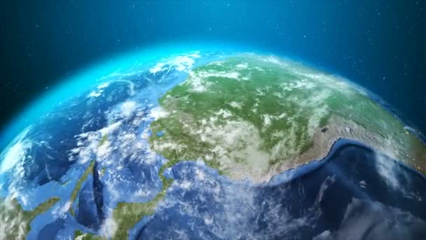 渲染地球旋转和轨道在宇宙中与照明效果和黑暗颗粒处理世界地图图像源从美国宇航局 — 图库视频影像