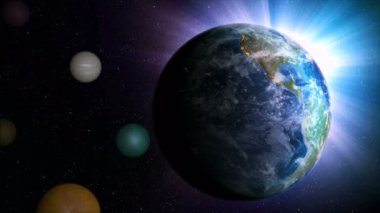 3D render küre dönen ve evrenin aydınlatma efekti ve karanlık tahıl yörüngede Dünya harita imge kaynak NASA işlenmiş