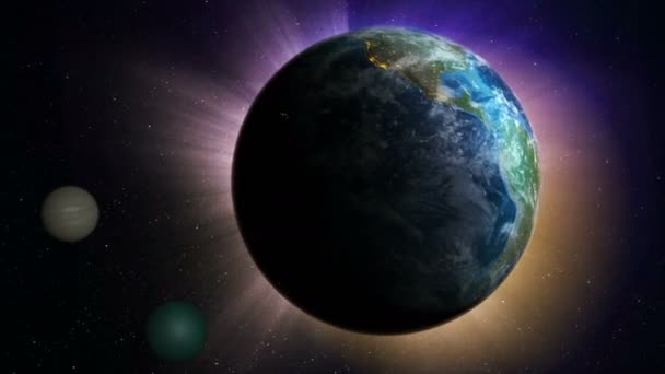 Рендеринг Вращения Земного Шара Орбиты Вселенной Эффектом Освещения Темным Зерном — стоковое видео