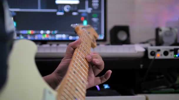 Musician Artist Playing Guitar Record Sound Mixing Studio Process Music — Stock Video