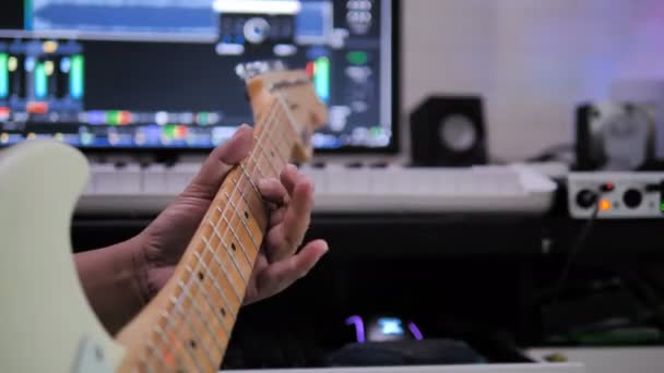 Musician Artist Playing Guitar Record Sound Mixing Studio Process Music — Stock Video