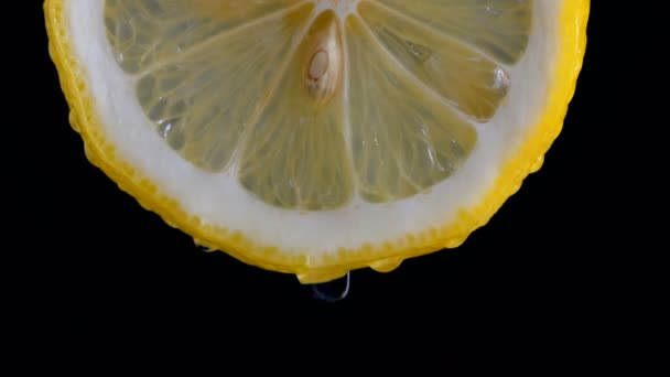 黒の背景に新鮮なレモンの半分スライス カットに注ぐ水 — ストック動画