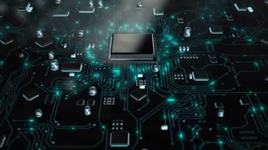 Cpu yonga seti merkezi işlemci ünitesinde ve karanlık ve tane işlenmiş veri trafiği ışığı ile elektrik baskı devre kartıa Ai Yapay zeka oluşturma