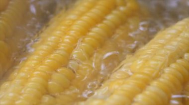 Yavaş hareket sıcak tencerede yüksek vitamin meyve ve sebze haşlama atış mısır yakın