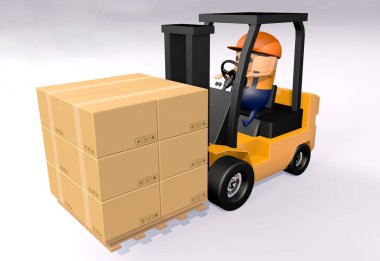 3d karikatür sürüş forklift kahverengi kağıt kart kutusu st taşımak için
