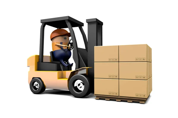 3D cartoon driving forklift to carry the brown paper card box st — Stock Photo, Image