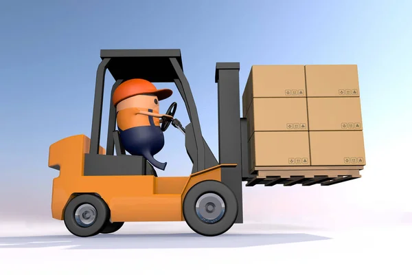 3D cartoon driving forklift to carry the brown paper card box st — Stock Photo, Image