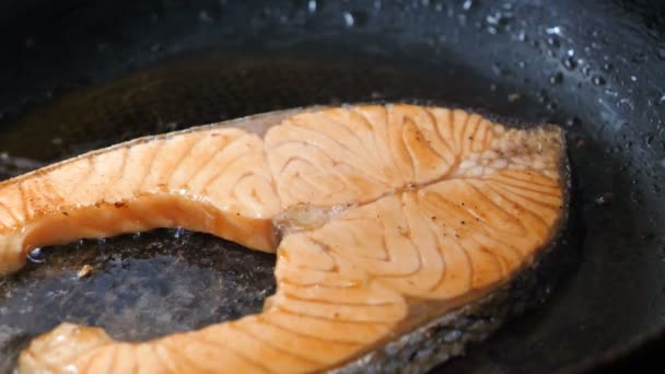 Close Shot Cottura Bistecca Salmone Alla Griglia Nella Padella Calda — Video Stock