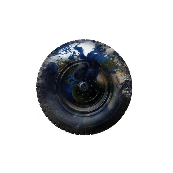 Truck wheel and tire with world map and cloud image source from — Stock Photo, Image