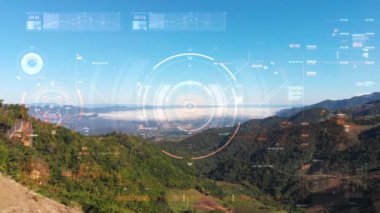 Kullanıcı arayüzü metin grafik çubuğu ve hedef işaretçi elemanı fütüristik ve siber teknoloji ile drone uçan havadan görünüm vurdu 