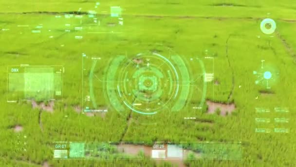 无人机拍摄飞行鸟瞰图与用户界面文本图形栏和目标指针元素未来和网络技术 — 图库视频影像