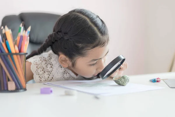 Pequeña chica asiática usando lupa haciendo tarea para la educación c —  Fotos de Stock