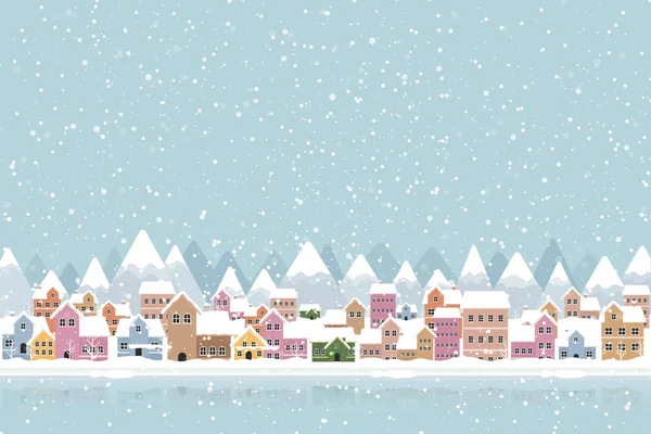 Ville d'hiver style plat avec chute de neige et montagne — Image vectorielle