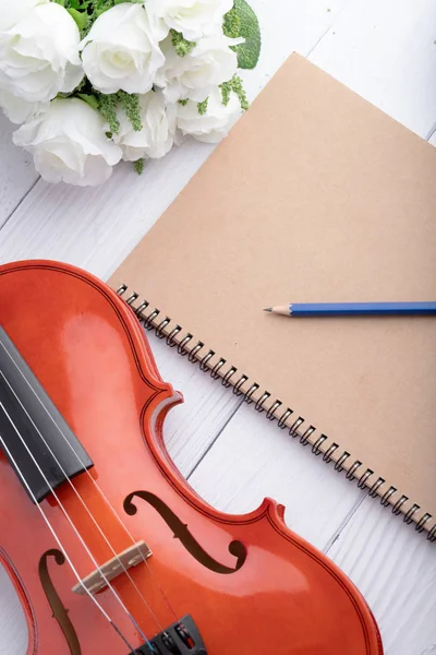 Close-up shot violin orchestra instrumental and notebook over wh — Stock Photo, Image