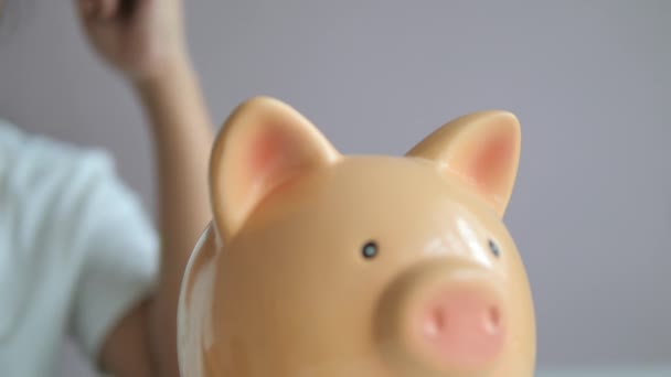 Close Hands Woman Putting Coin Piggy Bank Metaphor Saving Money — Stock Video