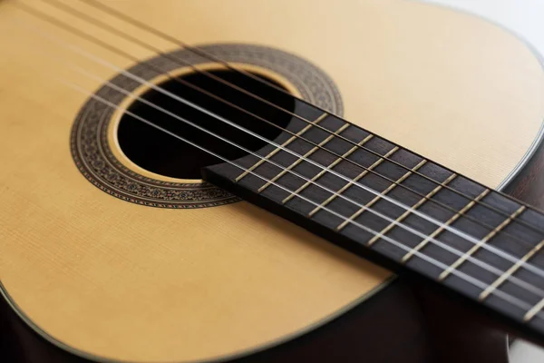 Close-up Wooden Spanish classic guitar with nylon string select — Stock Photo, Image