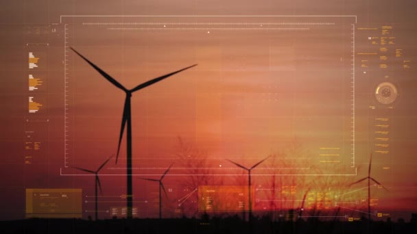 風力発電用風力タービンの景観は 自然農業農場に対して 夕暮れ時の風力からの再生可能なクリーン電力のために暗く穀物が処理されています — ストック動画