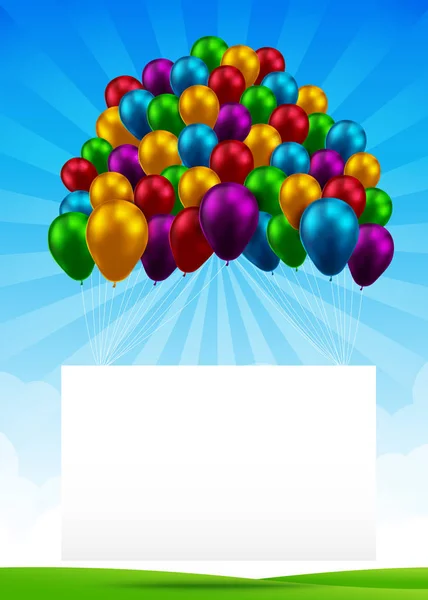 3D bunte Gruppe von Luftballons mit leerem Papier über blauem Himmel und — Stockvektor