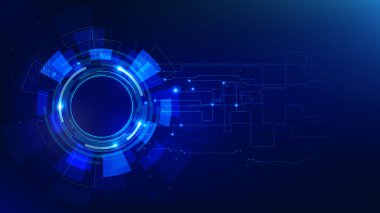 Gelecekçi ve teknoloji koyu mavi arkaplan, İletişim ve yenilik siber konsepti için Çember HUD baş ekran arayüzü, çizgi ok dişli elemanı, vektör illüstrasyonu