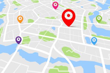 Varış noktasını gösteren harita, sokak ve nehir ile gündüz şehir haritasının havadan temiz görünümü, boş şehir hayal gücü haritası, GPS haritası navigatör konsepti, vektör ilülasyonu