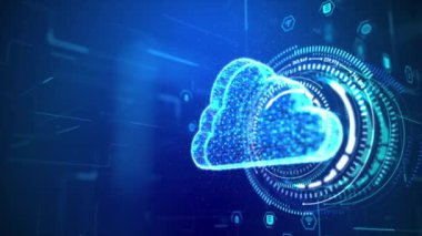 Sanal ve tahıl işlemeli siber ve fütüristik kavram için, hologram ve HUD ile 3D oluşturulmuş bulut bilgisayarı ekran arayüzü elementinin başı