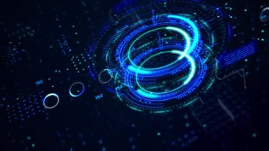 3D görüntüleme hologramı ve HUD baş ekran arayüzü elementi, karanlık ve tahıl işlemeli siber ve gelecekçi konsept için