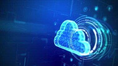 Sanal ve tahıl işlemeli siber ve fütüristik kavram için, hologram ve HUD ile 3D oluşturulmuş bulut bilgisayarı ekran arayüzü elementinin başı