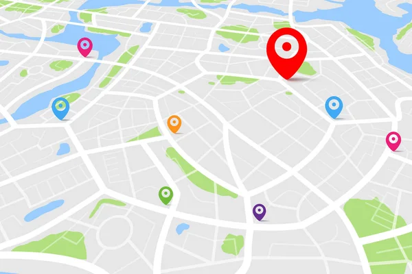 目的地の位置点を持つ3Dアイソメトリックマップ 街路や川との昼間の都市地図の空中クリーントップビュー ブランク都市の想像力地図 Gps地図ナビゲーターの概念 ベクトル図 — ストックベクタ