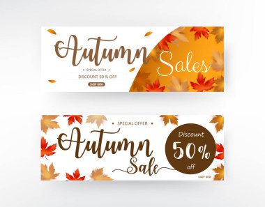 Sonbahar indirimli etiket pankartı ve sonbahar kuru yaprağı, sonbahar tasarım unsuru için, akçaağaç yaprağı kuru beyaz bir zemin üzerine düşüyor, vektör illüstrasyonu