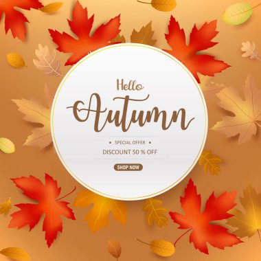 Merhaba güz sözcüğü ve sonbahar kuru yaprağı beyaz bir zemin üzerine düşüyor, akçaağaç yaprağı kuru, sonbahar tasarım unsuru için, vektör illüstrasyonu