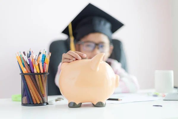 Little Asian Girl Putting Coin Piggy Bank Smile Happiness Money — Stock Photo, Image