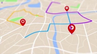 Yönlendirme yolu ile 3D görüntüleme GPS haritası navigatörü, ulaşım konsepti için farklı bir rota rengi, odak derinliği alan seçiniz