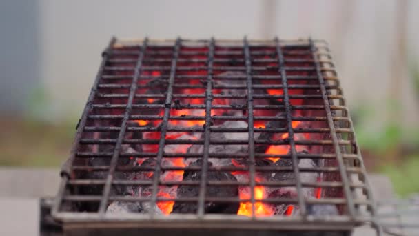 特写镜头在烤架上放了一堆生烟的木炭火 有选择地集中在浅层的田野深处 — 图库视频影像