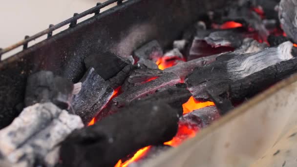Detailní Záběr Zapálil Gril Grilu Dřevěným Uhlíkovým Dřevěným Uhlím Kouřem — Stock video