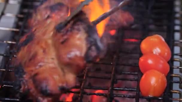 Close Tiro Grelhar Churrasco Carne Porco Bife Nas Grelhas Quentes — Vídeo de Stock