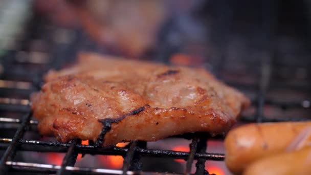 Close Tiro Grelhar Churrasco Carne Porco Bife Nas Grelhas Quentes — Vídeo de Stock