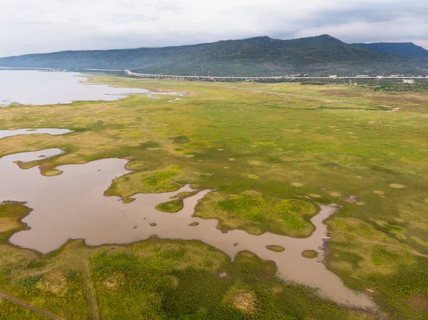 Paesaggio Panoramico Vista Aerea Del Fiume Campo Bacino Contro Una — Foto Stock