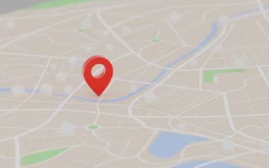Haritada, navigatör ve seyahat konsepti için varış noktasının 3D görüntüleme kırmızı GPS noktası, odak derinliği alan seçiniz