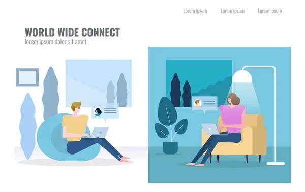 別のタイム ゾーンでのチャットの人々 世界の風は 概念を接続します フラットな文字デザインのベクトル図 — ストックベクタ