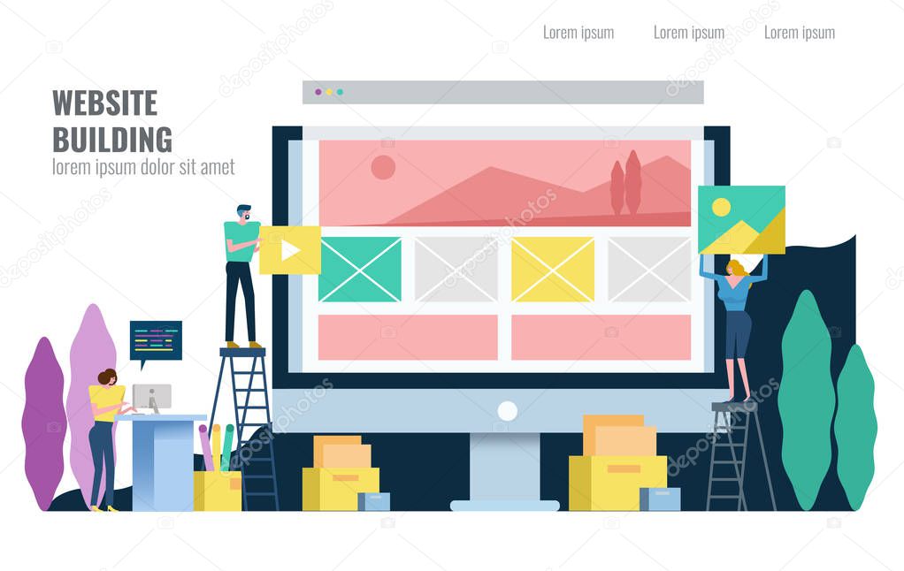 People building website. Flat design vector illustration.