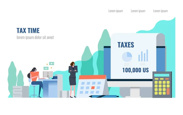 纳税时间概念 商业人士在纳税时间工作 平面设计元素 矢量插图 — 图库矢量图片